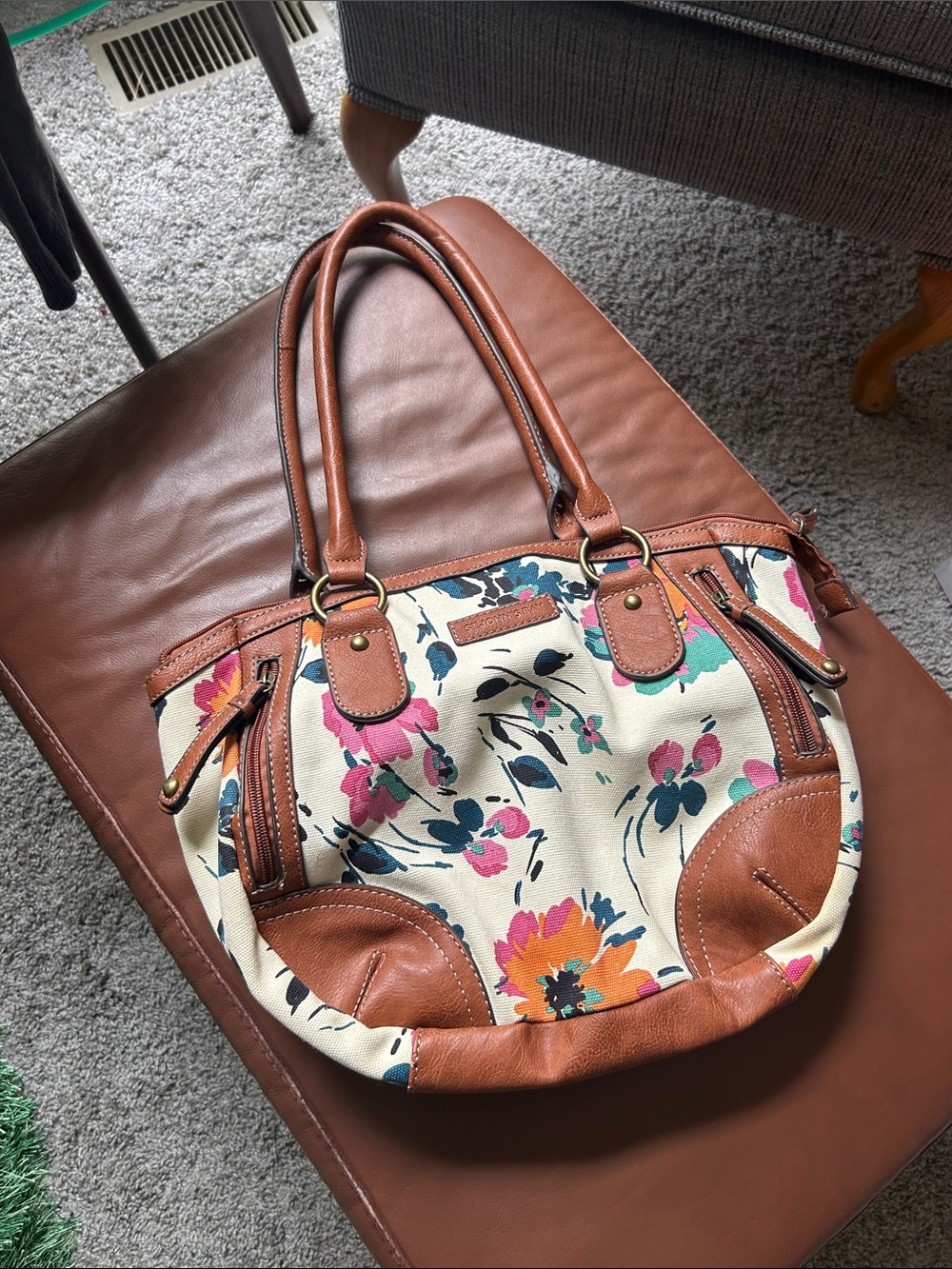Floral Canvas Tote with Brown Leather Trim